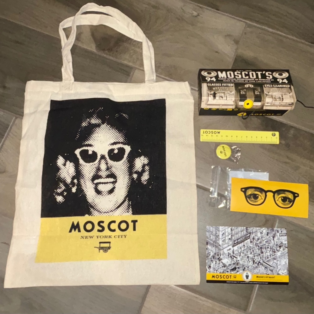 MOSCOT NYC (optical brand since 1915) “Care Bag”W/a tote, ruler, sticker, pin …